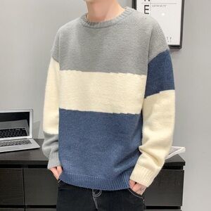Men's Colorblock Crewneck Sweater - Blue, Gray, and Cream